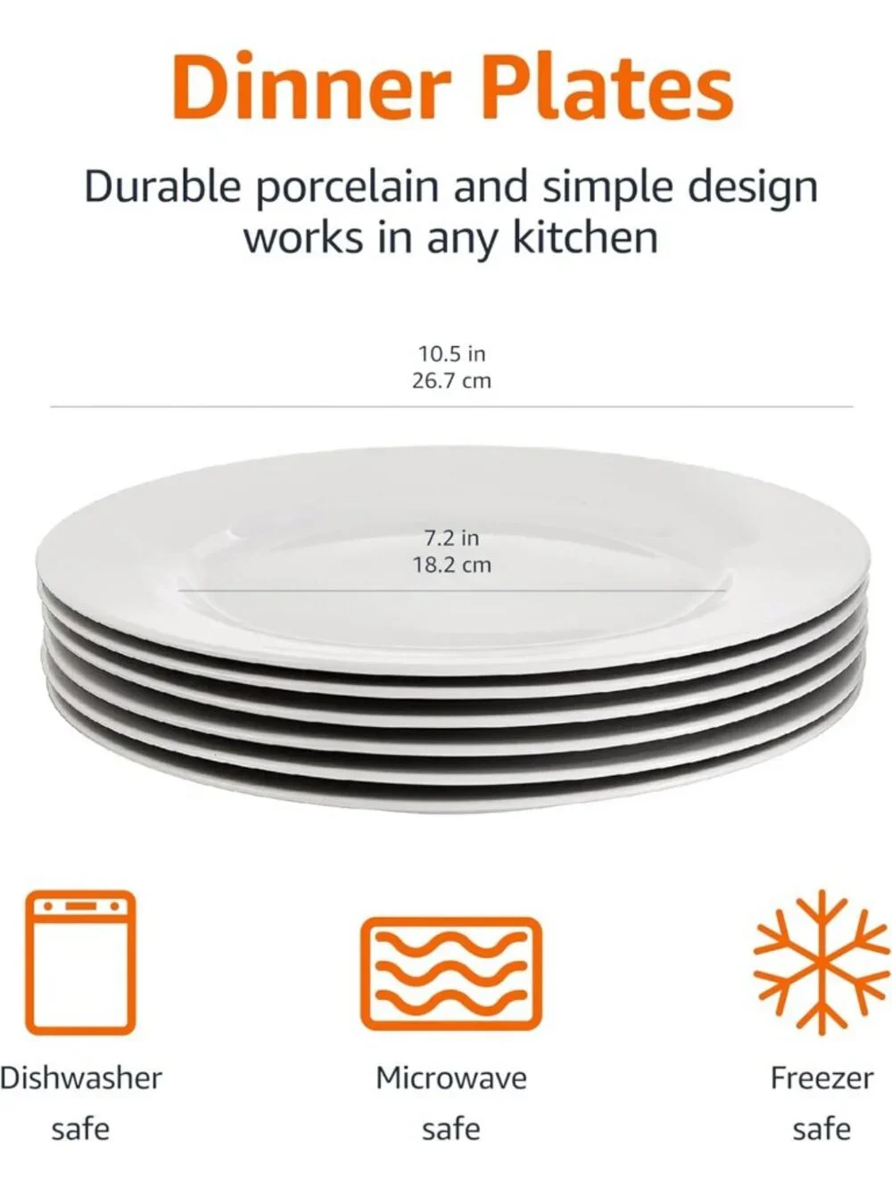 6-Piece White Dinner Plate Set - Microwave & Dishwasher Safe, 10.5” Everyday Use